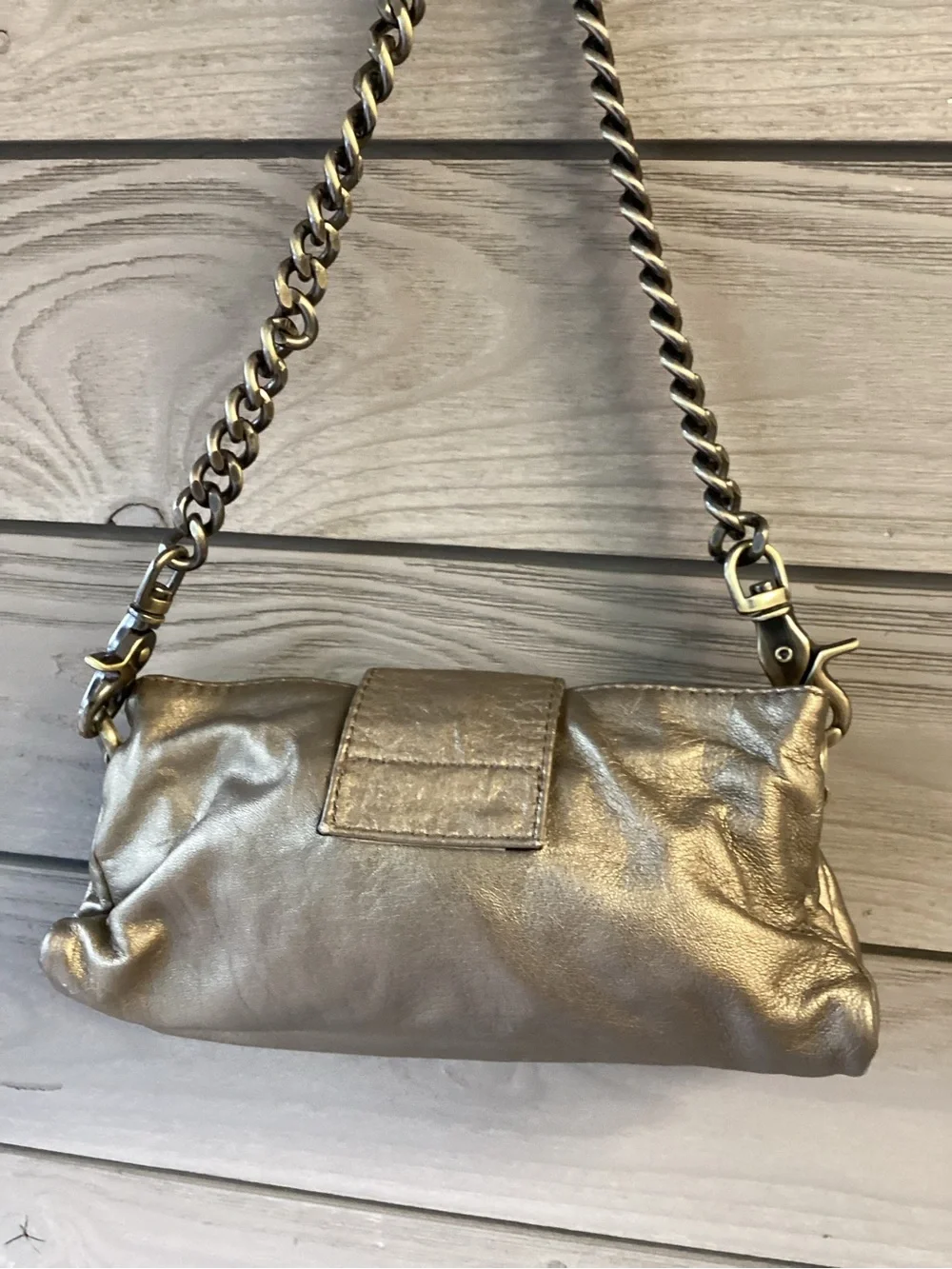 Lesa Wallace Metallic Pewter Leather Chain Shoulder Bag Clutch